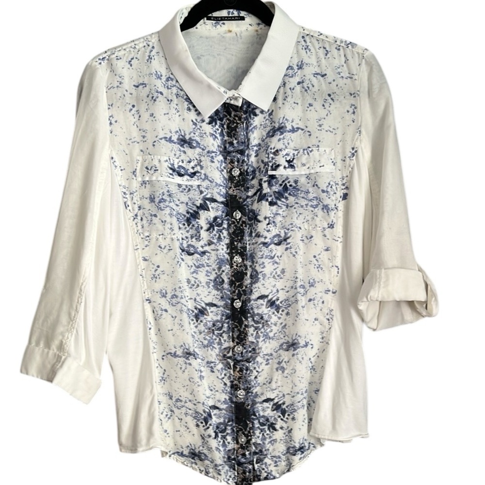 Elie Tahari Button-Up Adjustable Sleeve Blouse Size L